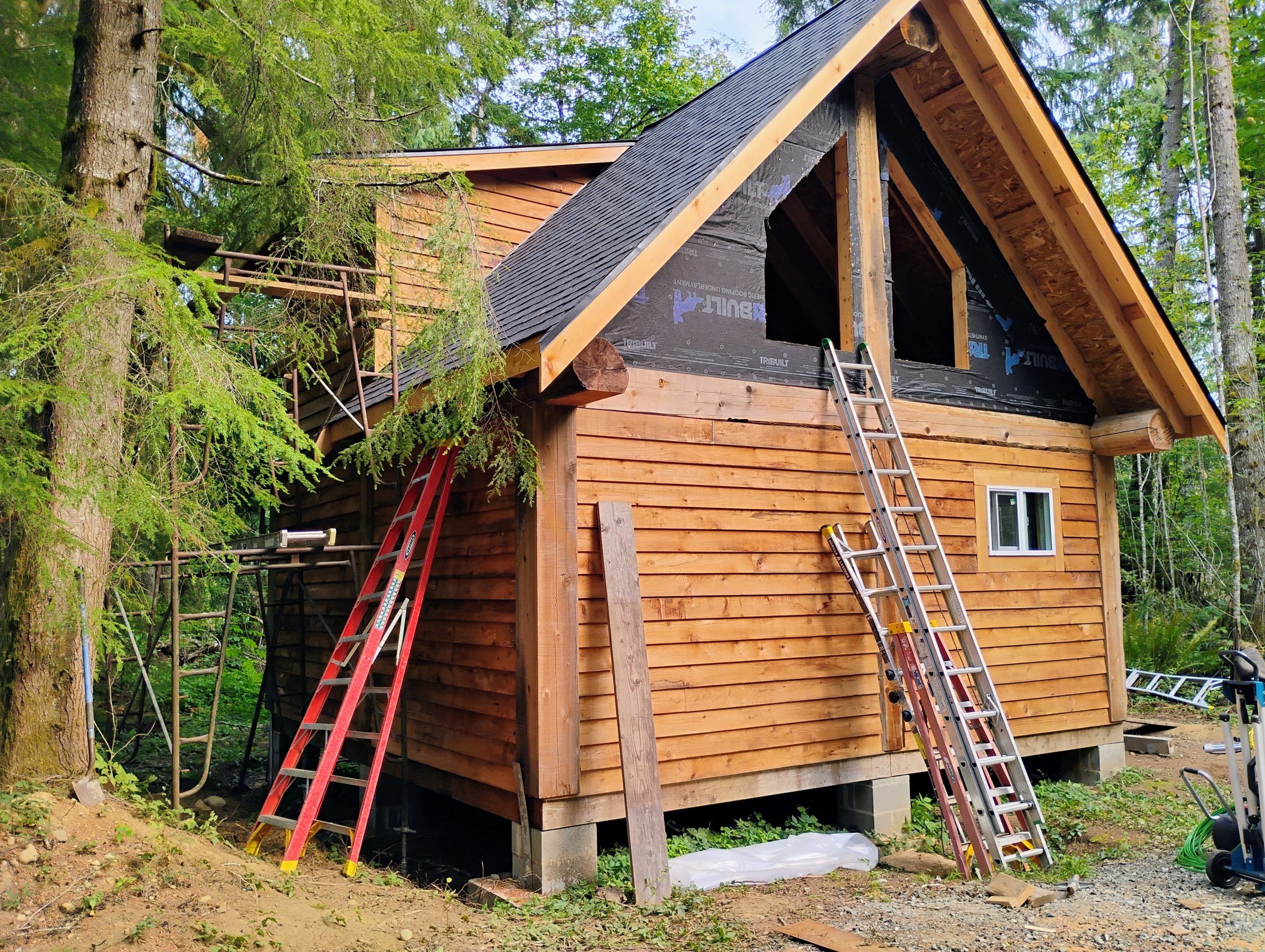 cabin construction including framing, roof, siding and windows
